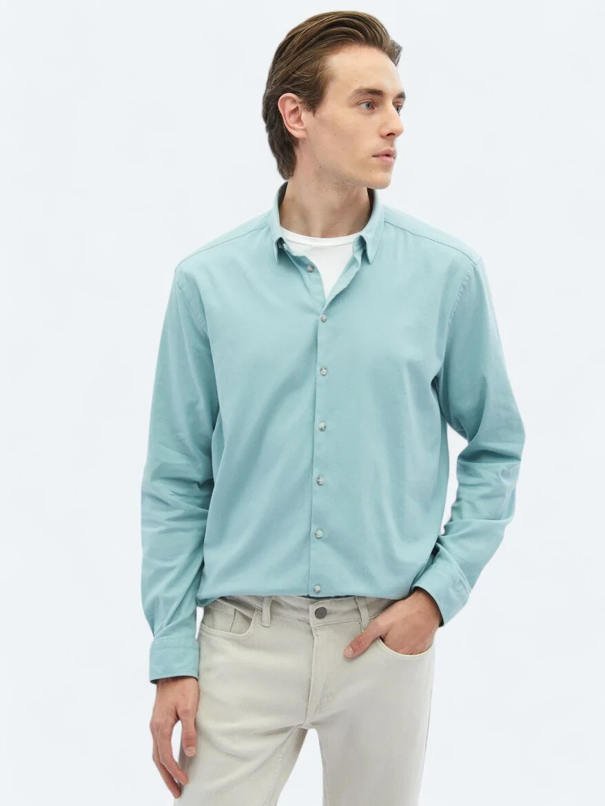Mint Düz Regular Fit Dokuma Casual Pamuk Karışımlı Gömlek - 4