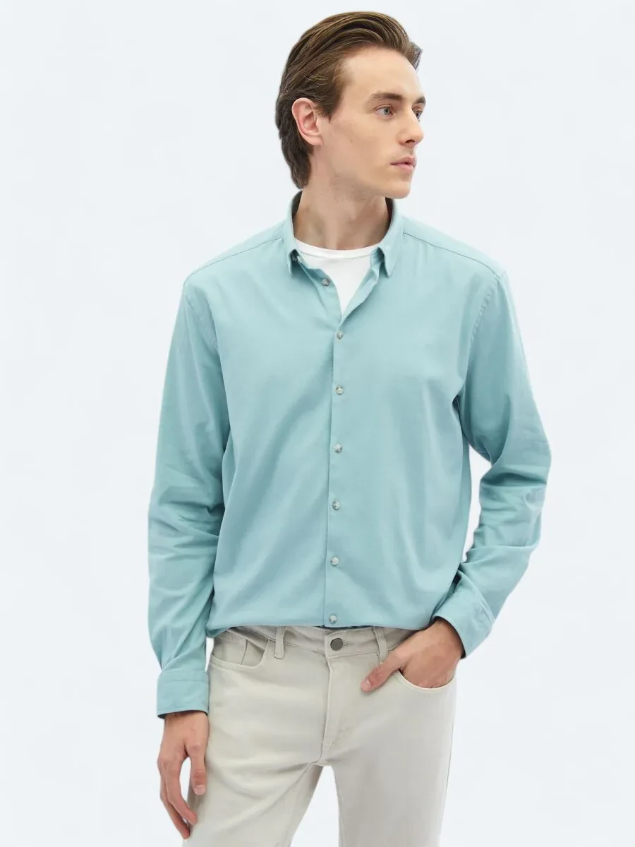 Mint Düz Regular Fit Dokuma Casual Pamuk Karışımlı Gömlek - 4