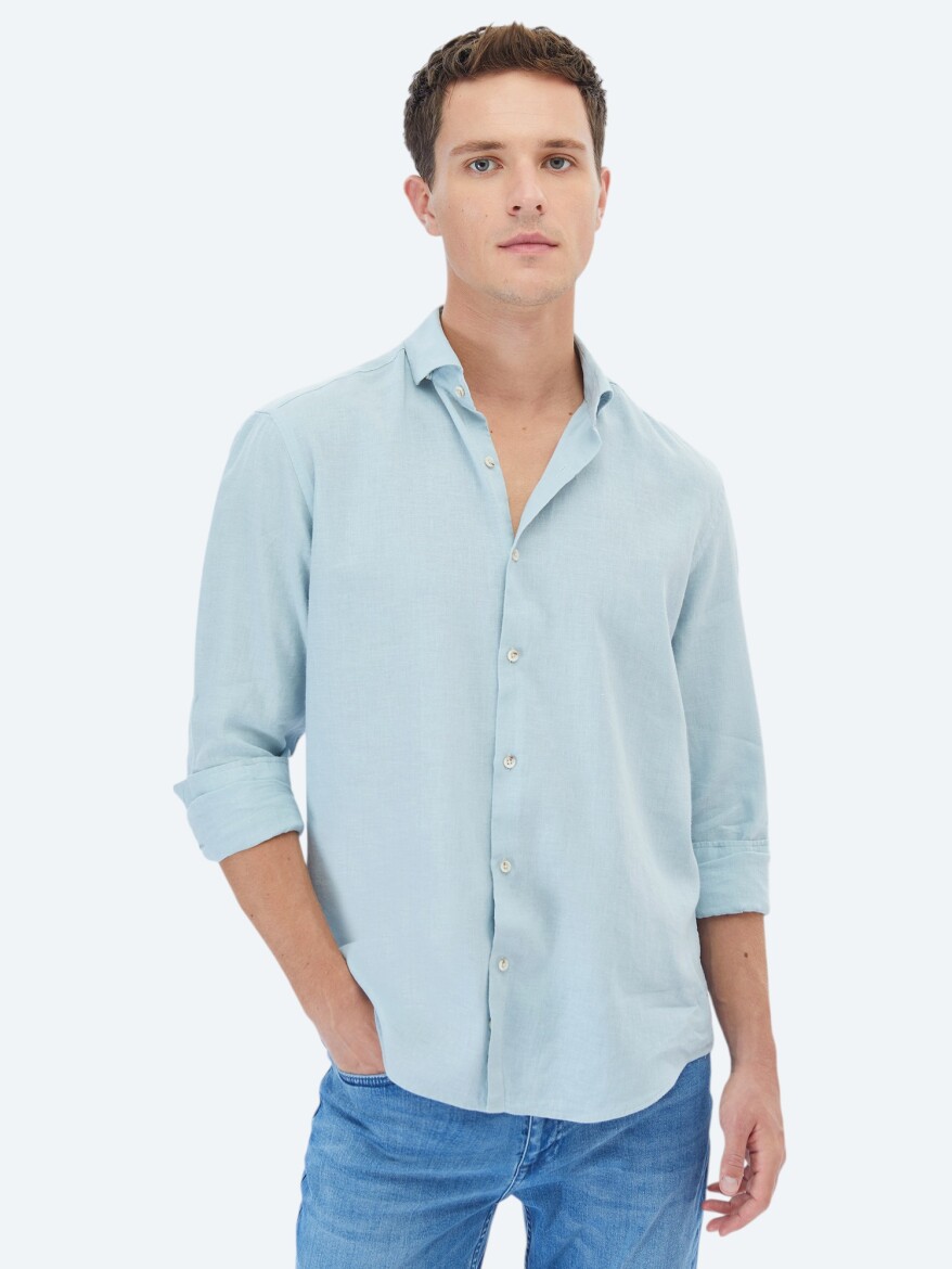 Mint Düz Regular Fit Uzun Dokuma Casual Pamuk Karışımlı Gömlek 
