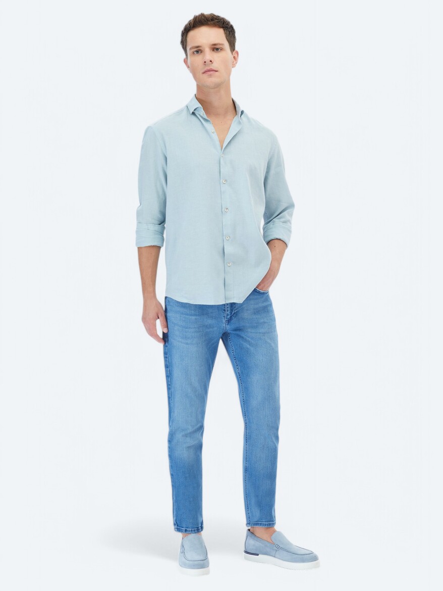 Mint Düz Regular Fit Uzun Dokuma Casual Pamuk Karışımlı Gömlek - KİP