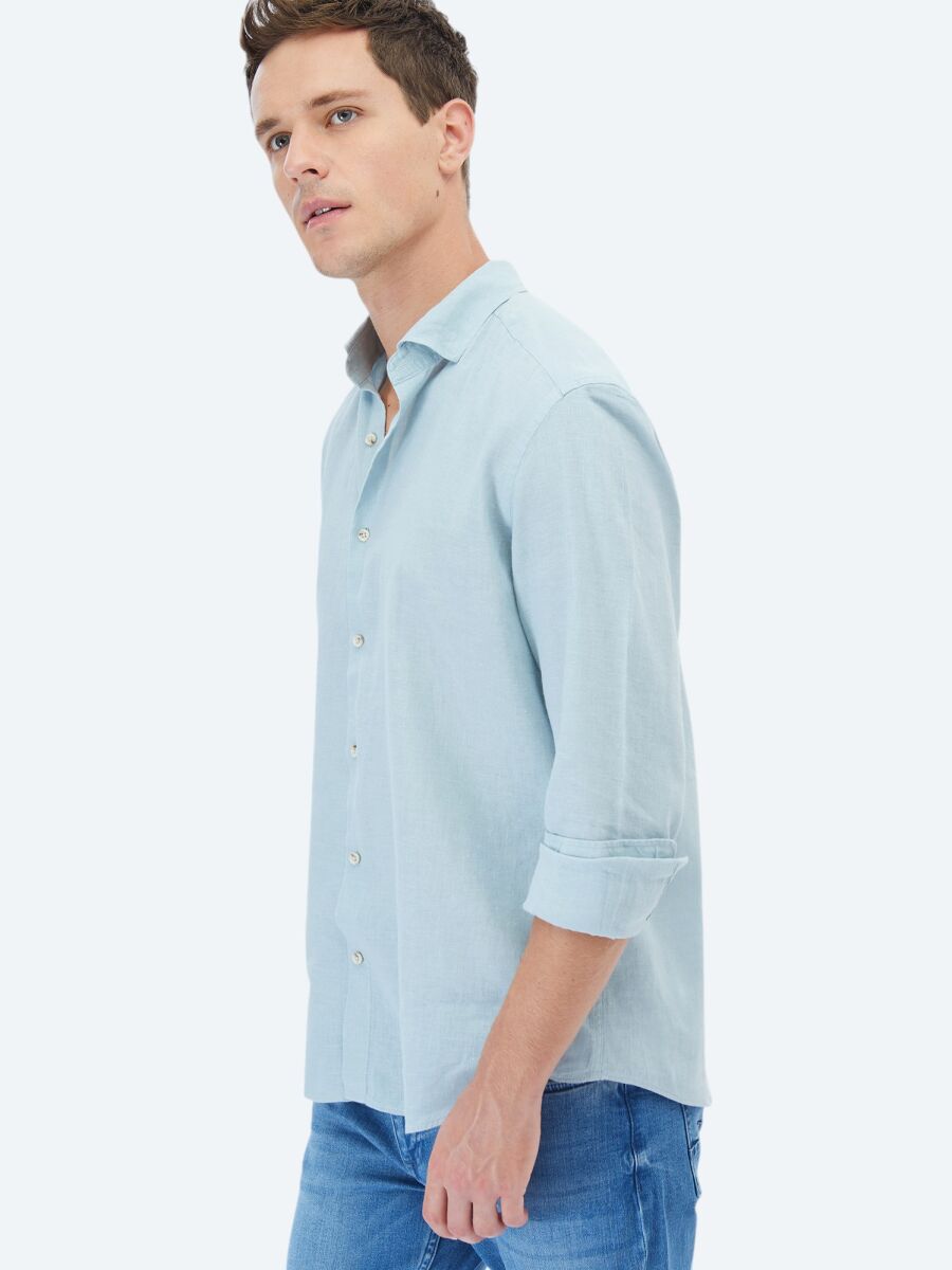 Mint Düz Regular Fit Uzun Dokuma Casual Pamuk Karışımlı Gömlek - 3