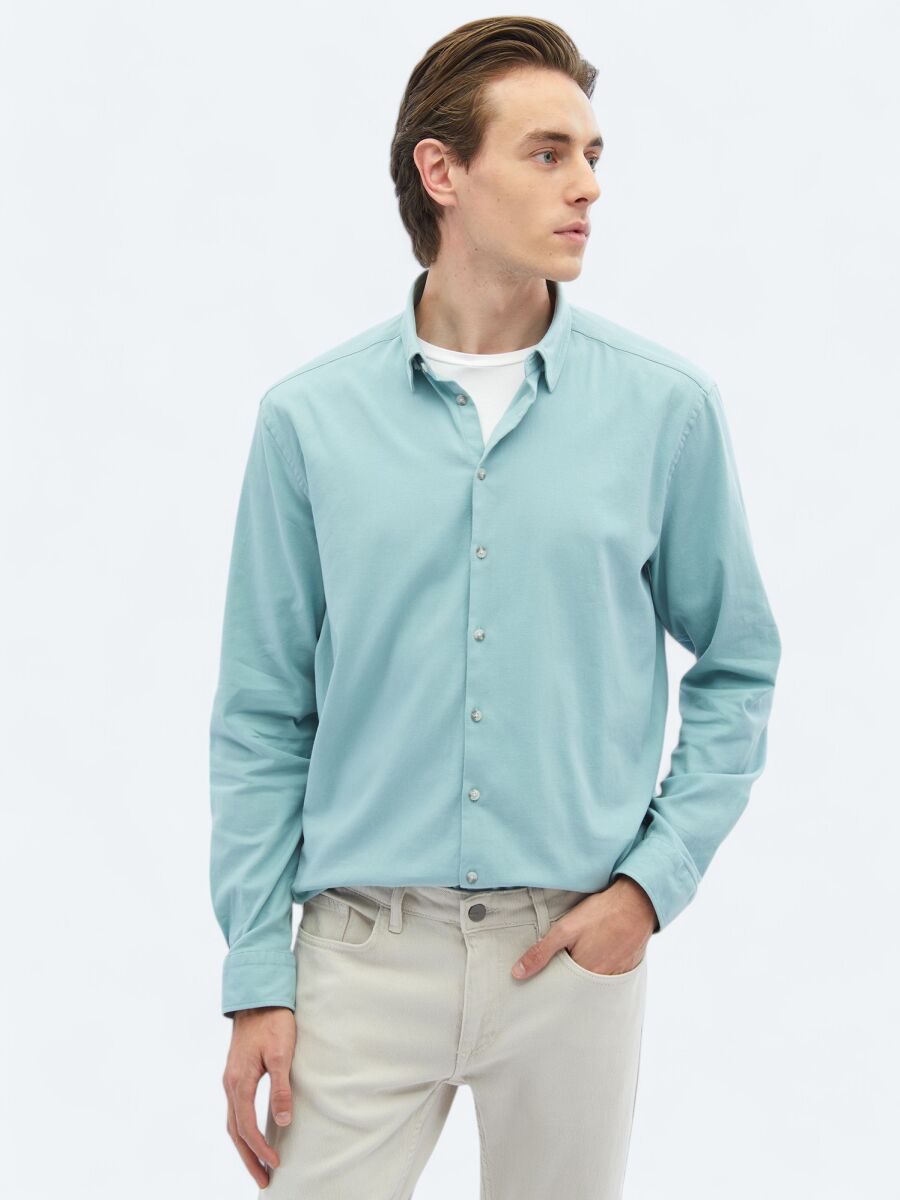 Mint Düz Regular Fit Uzun Dokuma Casual Pamuk Karışımlı Gömlek - 4