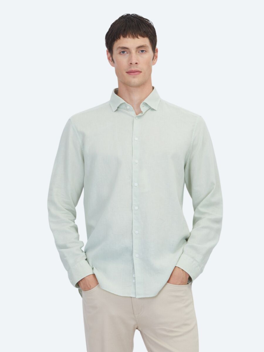 Mint Düz Regular Fit Uzun Dokuma Casual Pamuk Karışımlı Gömlek - 1