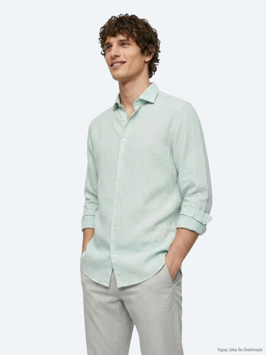 Mint Düz Regular Fit Uzun Dokuma Casual Pamuk Karışımlı Gömlek - KİP