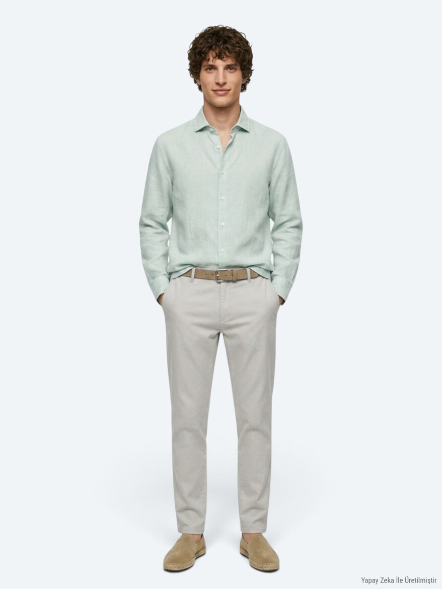 Mint Düz Regular Fit Uzun Dokuma Casual Pamuk Karışımlı Gömlek - KİP
