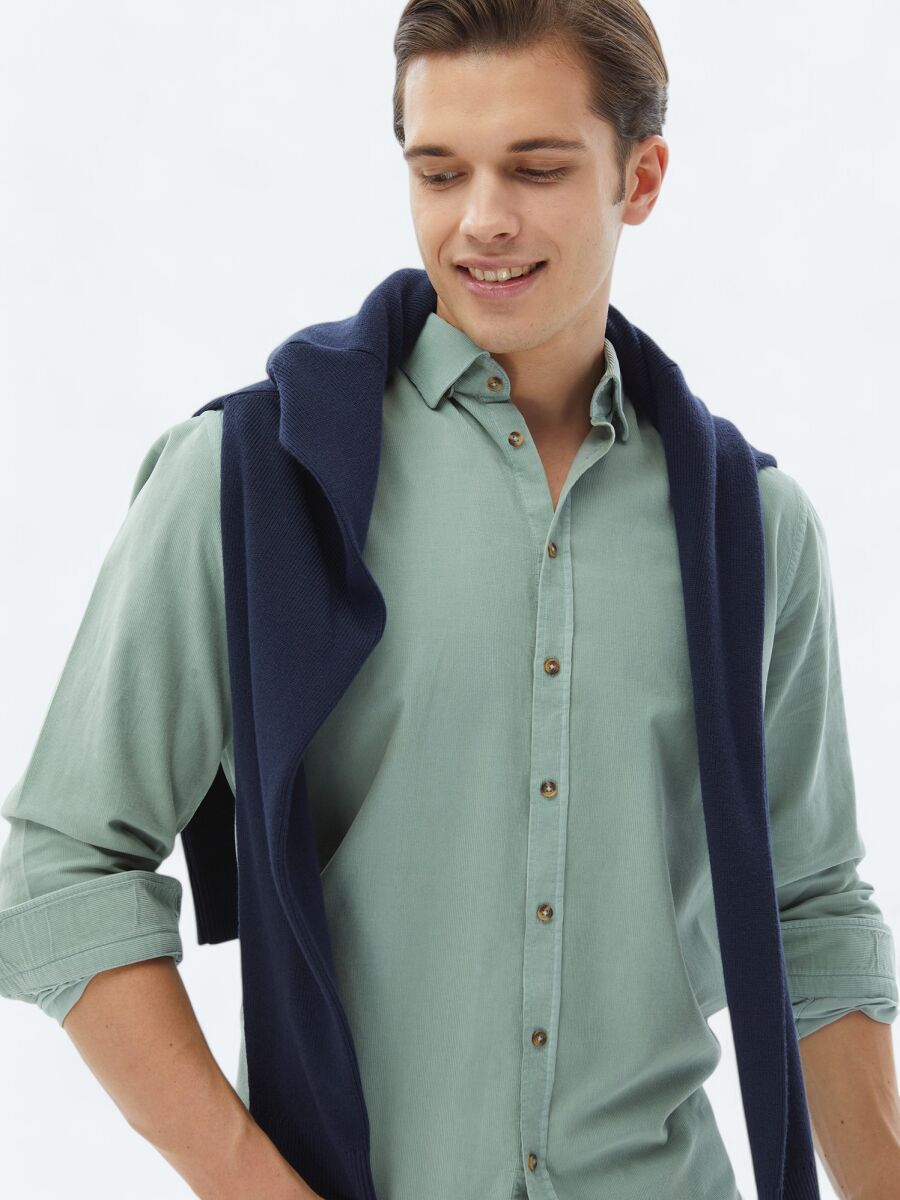 Mint Fitilli Regular Fit Dokuma Kadife Casual %100 Pamuk Gömlek - 4