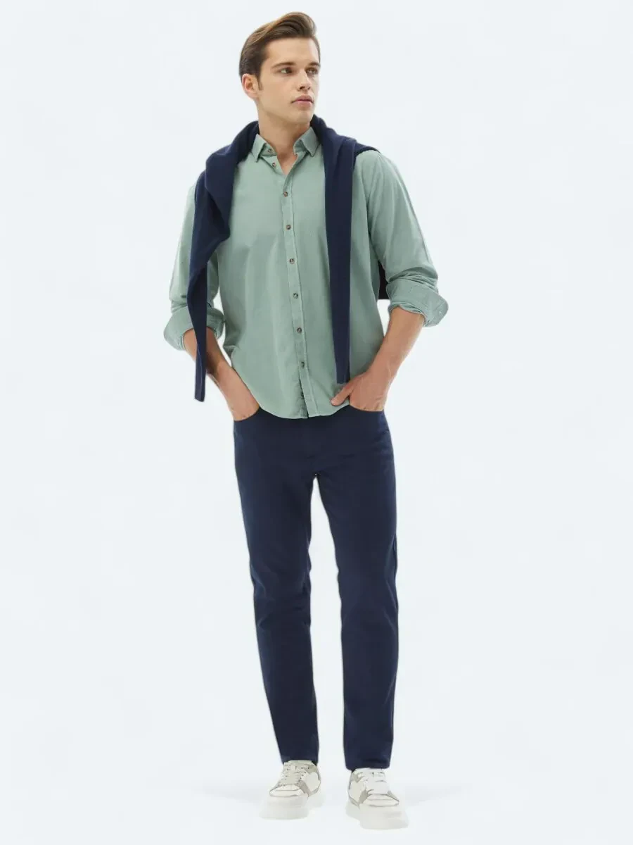 Mint Fitilli Regular Fit Dokuma Kadife Casual %100 Pamuk Gömlek - 2