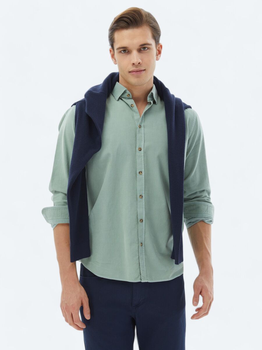 Mint Fitilli Regular Fit Dokuma Kadife Casual %100 Pamuk Gömlek - 1