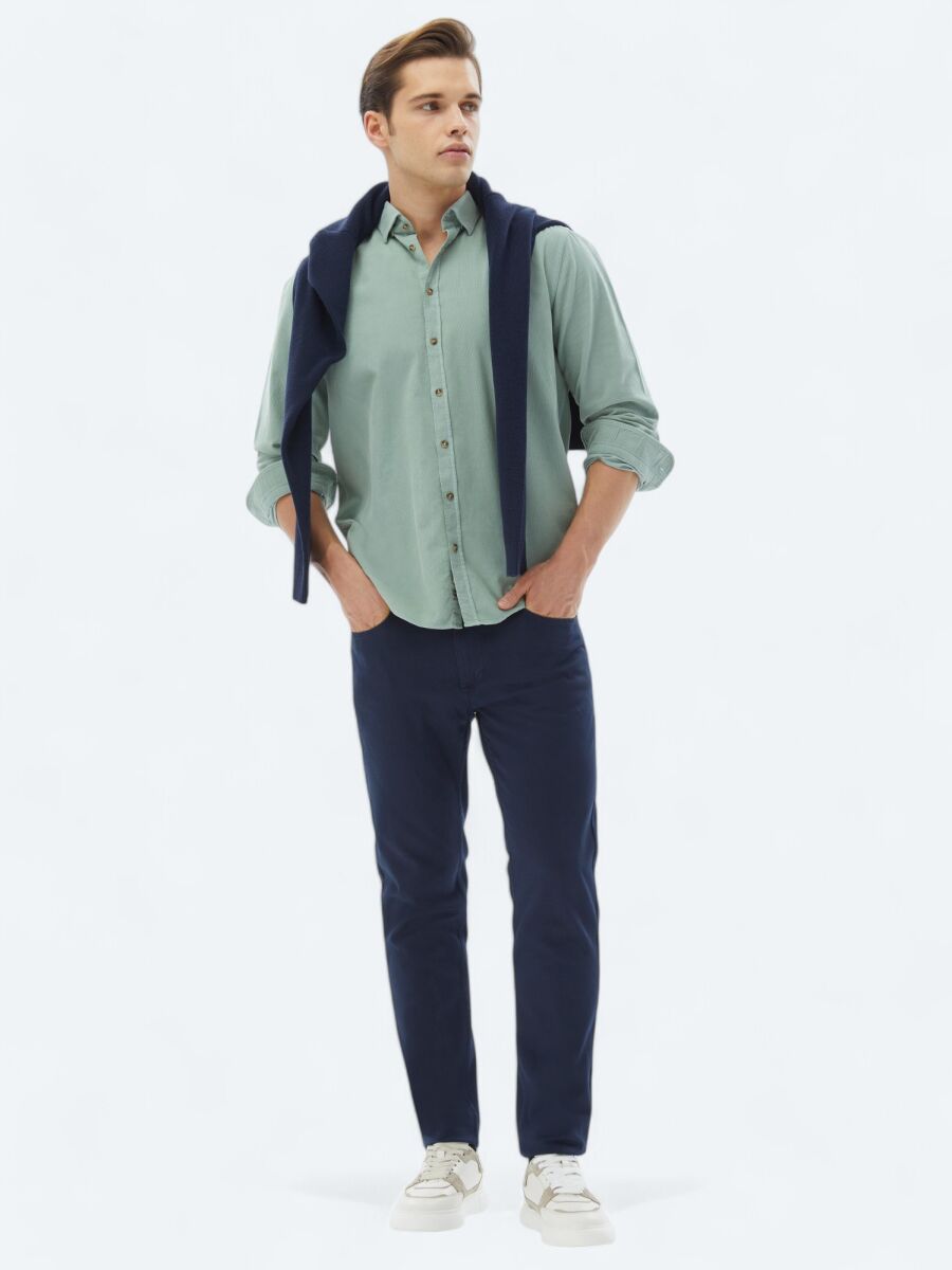 Mint Fitilli Regular Fit Uzun Dokuma Kadife Casual %100 Pamuk Gömlek - 2