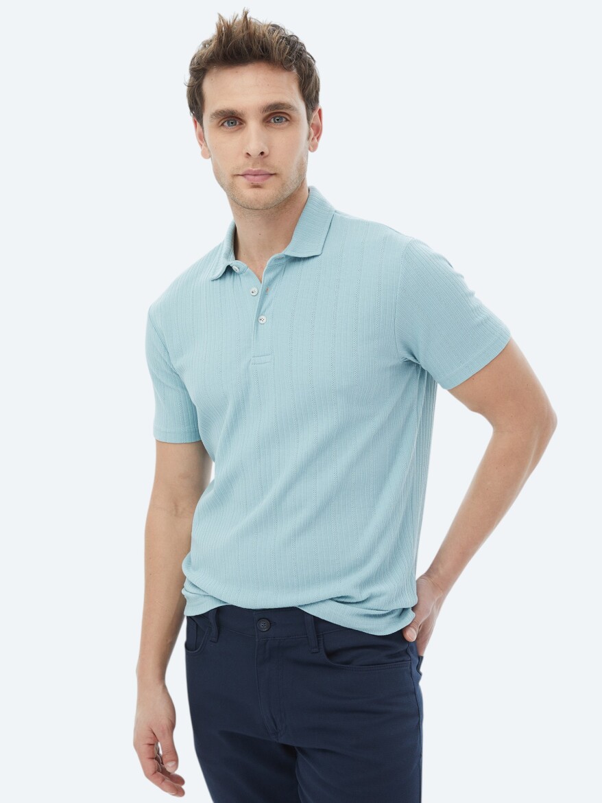 Mint Jacquard Polo Neck Cotton Blended T-Shirt - 5