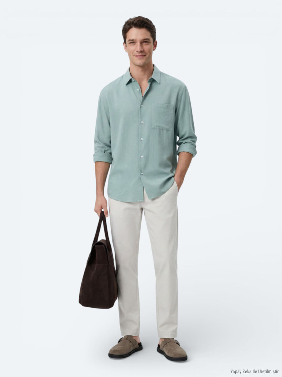Mint Plain Oversize Fit Long Weaving Casual Shirt - 3