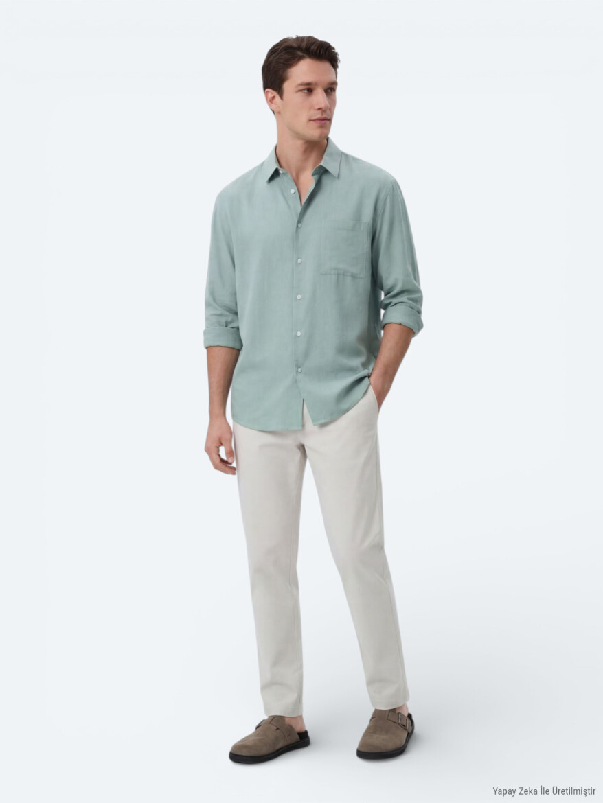 Mint Plain Oversize Fit Long Weaving Casual Shirt - 4