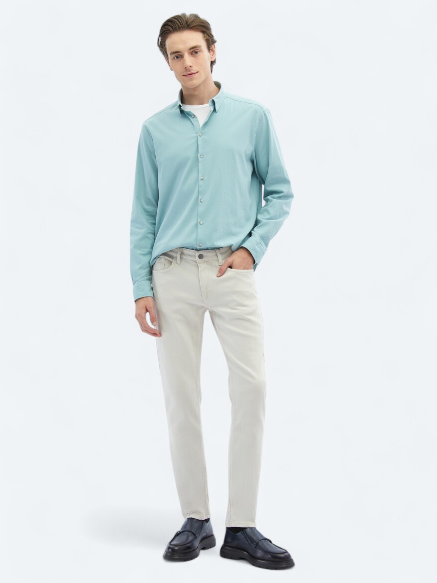 Mint Plain Regular Fit Long Weaving Casual Cotton Blended Shirt - 2