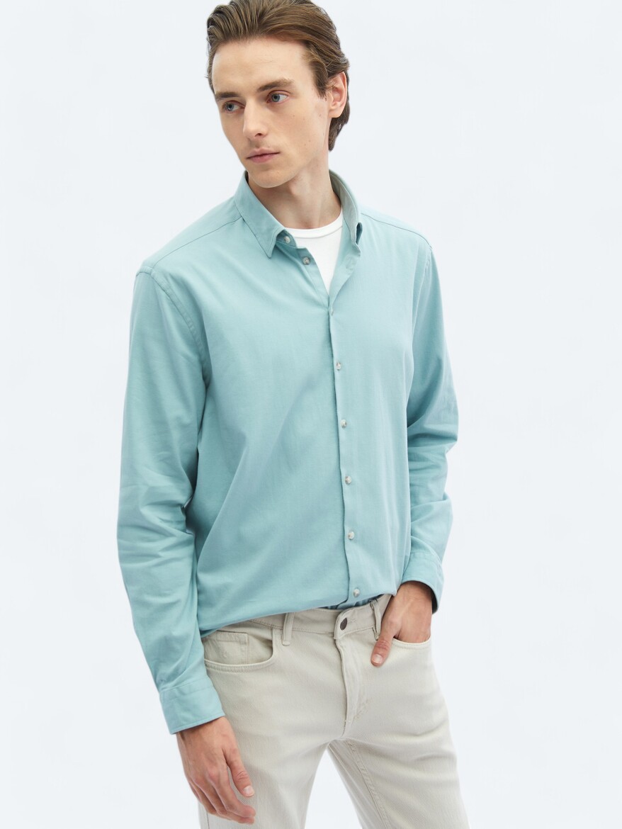 Mint Plain Regular Fit Long Weaving Casual Cotton Blended Shirt - 3