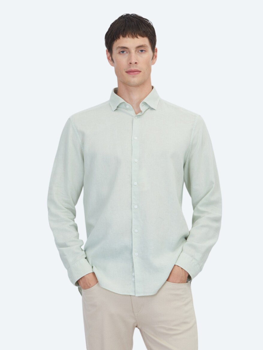 Mint Plain Regular Fit Long Weaving Casual Cotton Blended Shirt - KİP