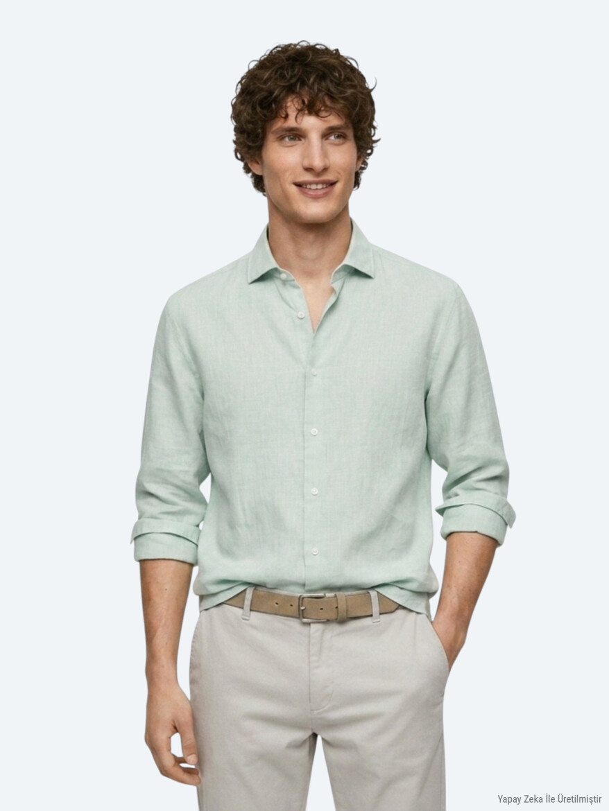 Mint Plain Regular Fit Long Weaving Casual Cotton Blended Shirt - 3