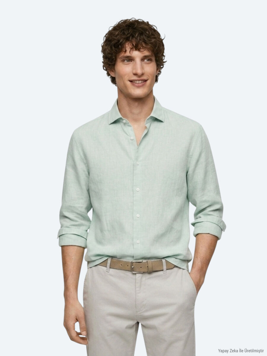 Mint Plain Regular Fit Long Weaving Casual Cotton Blended Shirt - 3