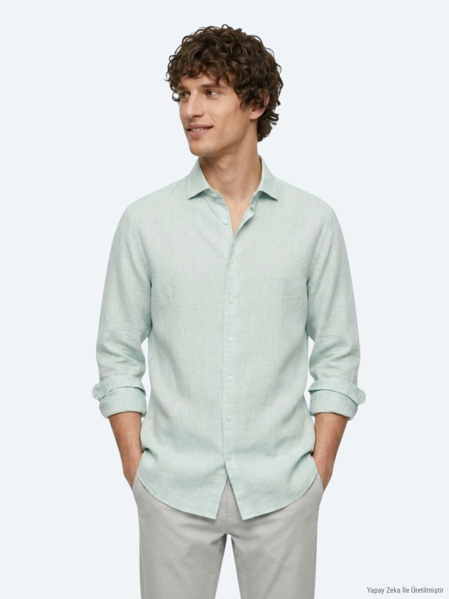 Mint Plain Regular Fit Long Weaving Casual Cotton Blended Shirt - 4