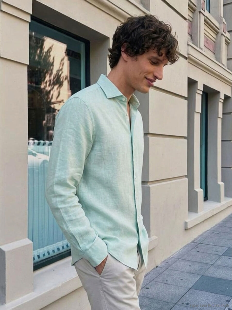 Mint Plain Regular Fit Long Weaving Casual Cotton Blended Shirt - 7