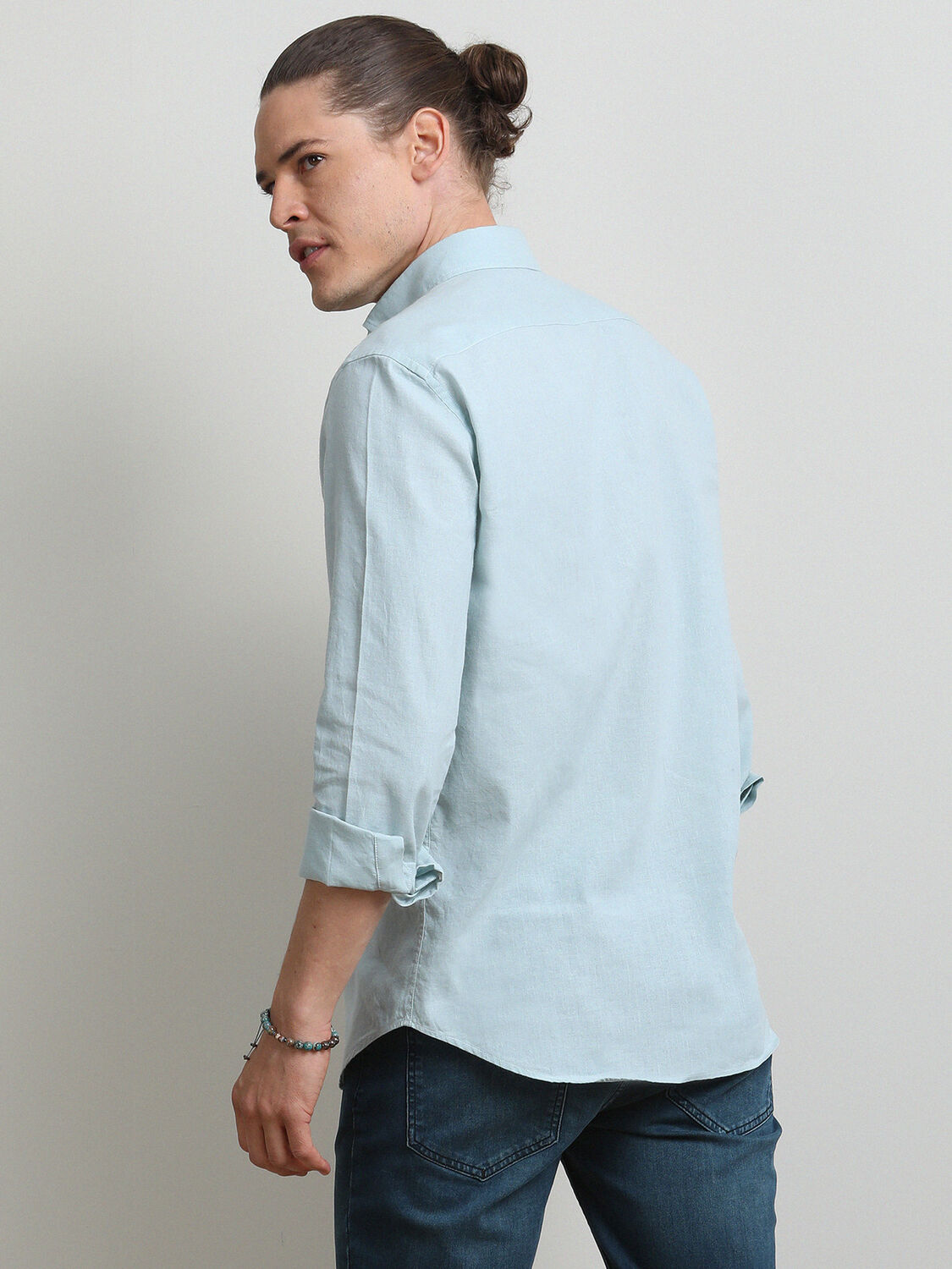 Mint Plain Regular Fit Weaving Casual Cotton Blended Shirt - 5