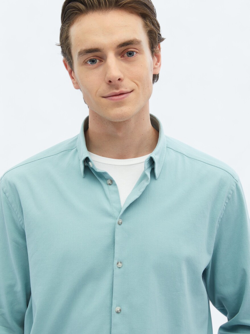 Mint Plain Regular Fit Weaving Casual Cotton Blended Shirt - 5