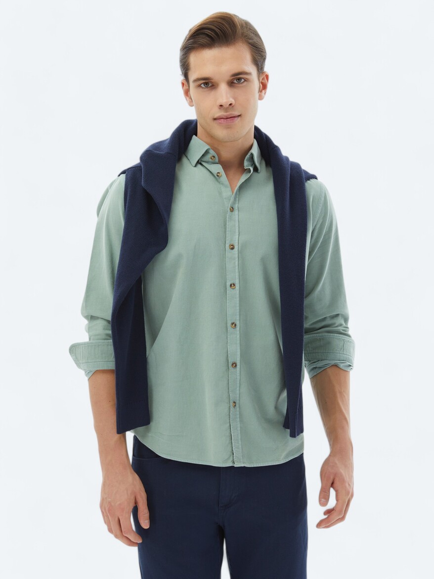Mint Ribbed Regular Fit Long Weaving Casual 100% Cotton Shirt 