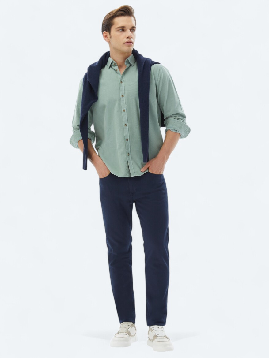 Mint Ribbed Regular Fit Long Weaving Casual 100% Cotton Shirt - 2