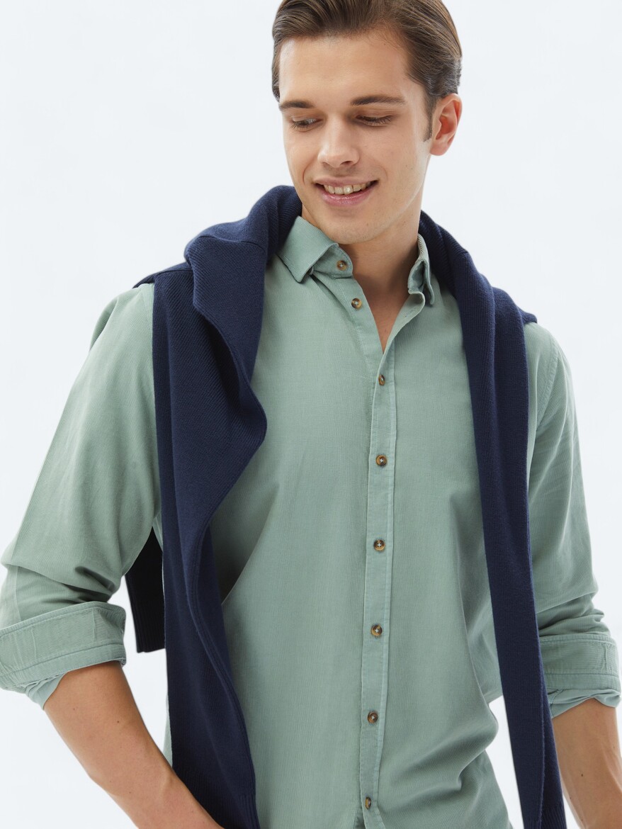 Mint Ribbed Regular Fit Long Weaving Casual 100% Cotton Shirt - 4