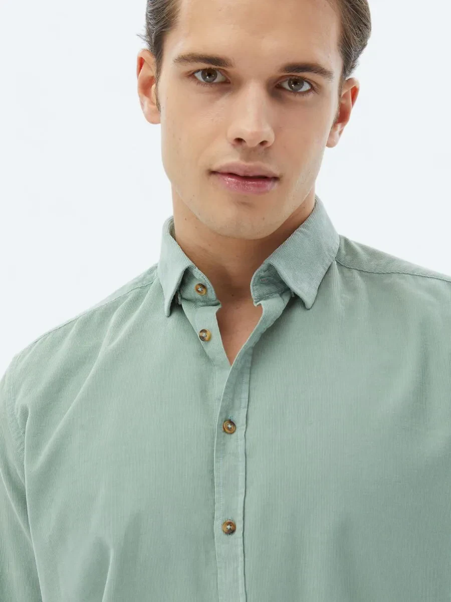 Mint Ribbed Regular Fit Weaving Casual 100% Cotton Shirt - 5