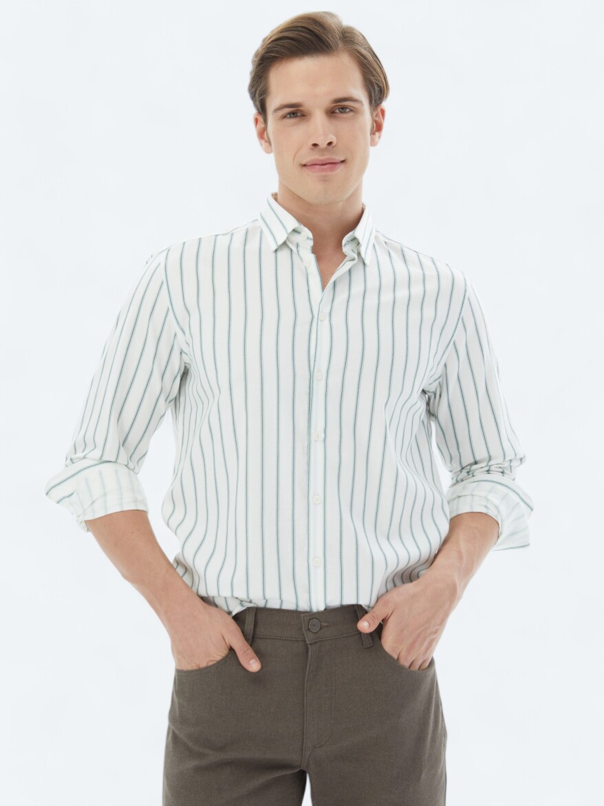 Mint Striped Regular Fit Long Weaving Casual 100% Cotton Shirt - 1