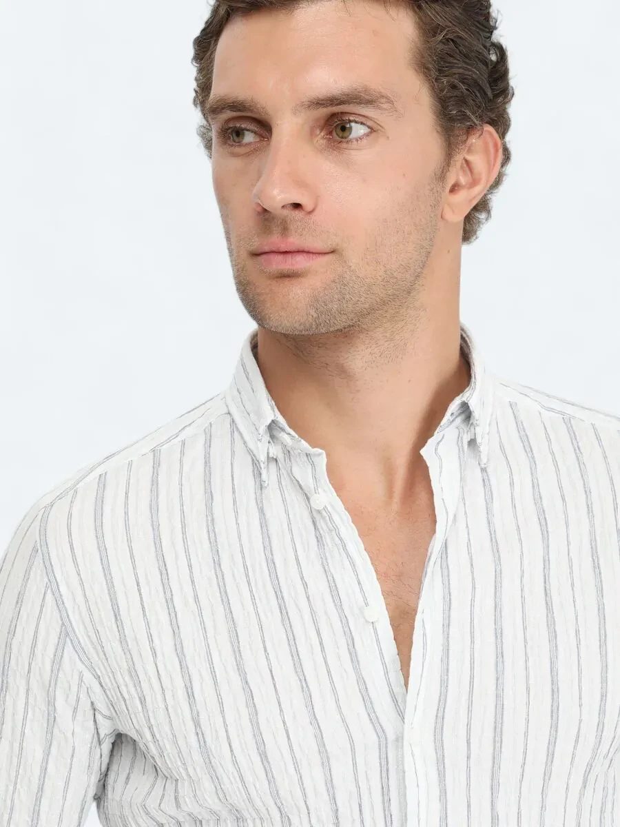 Mint Striped Slim Fit Weaving Casual Cotton Blended Shirt - 4