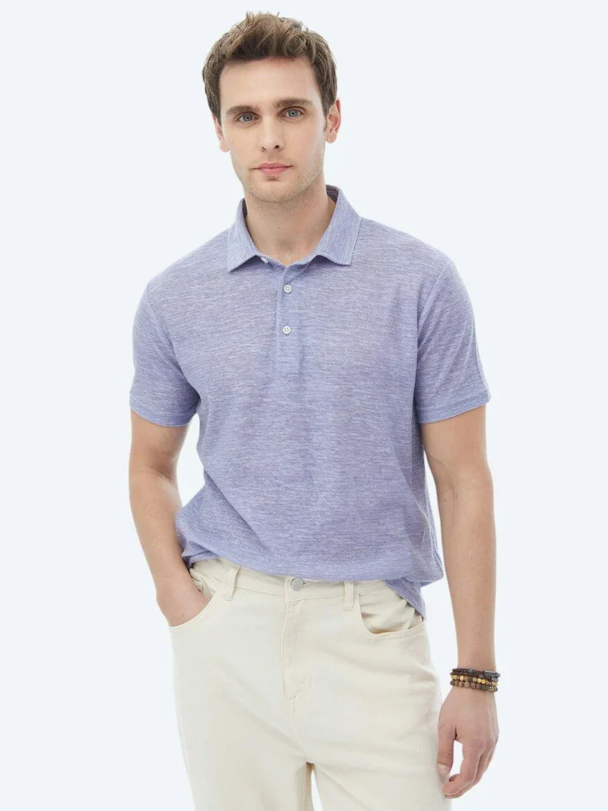 Mor Baskılı Polo Yaka Pamuk Karışımlı T-Shirt - 1