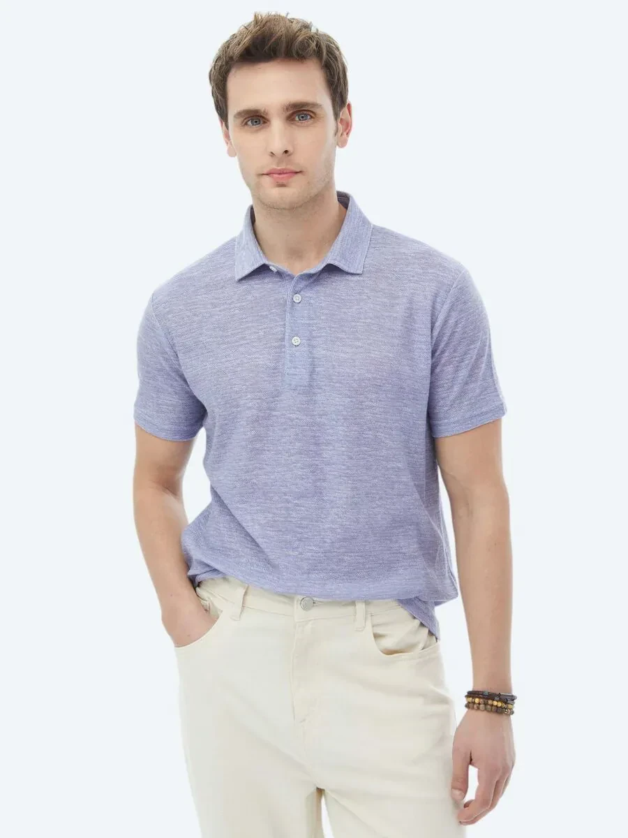 Mor Baskılı Polo Yaka Pamuk Karışımlı T-Shirt - 1
