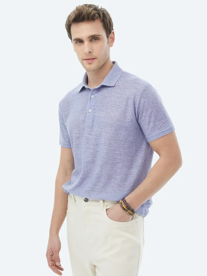 Mor Baskılı Polo Yaka Pamuk Karışımlı T-Shirt - 5