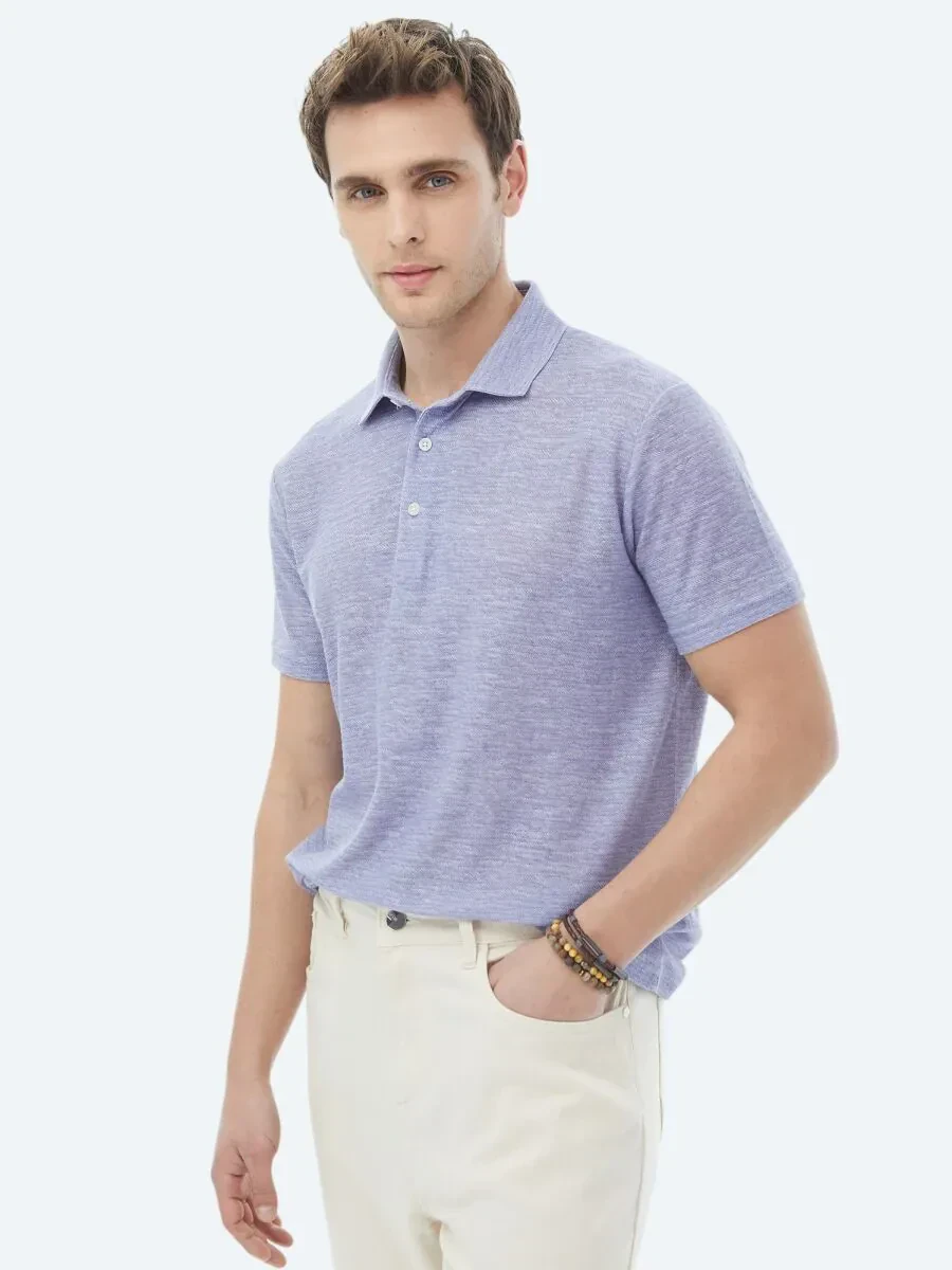 Mor Baskılı Polo Yaka Pamuk Karışımlı T-Shirt - 5
