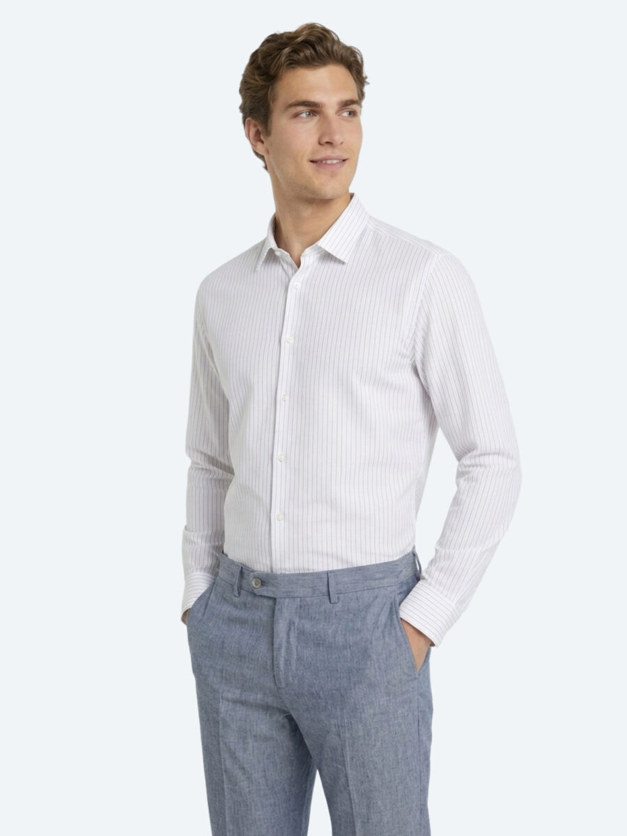 Mor Çizgili Regular Fit Uzun Dokuma Casual Pamuk Karışımlı Gömlek - 1