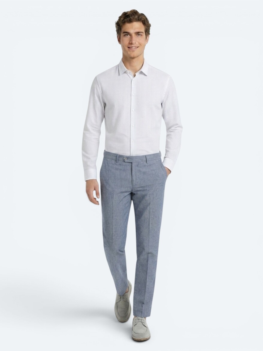 Mor Çizgili Regular Fit Uzun Dokuma Casual Pamuk Karışımlı Gömlek - 2