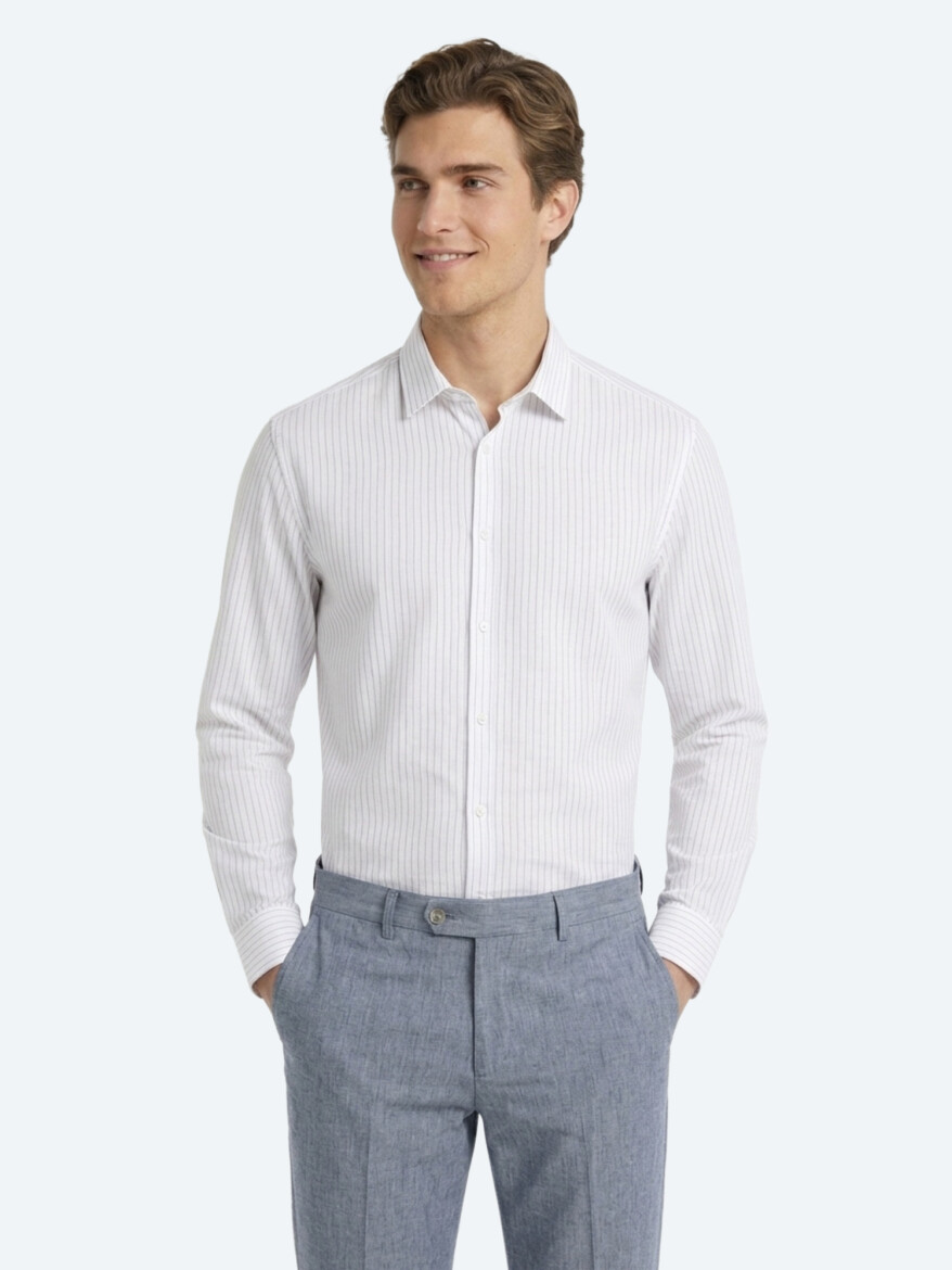 Mor Çizgili Regular Fit Uzun Dokuma Casual Pamuk Karışımlı Gömlek - 4