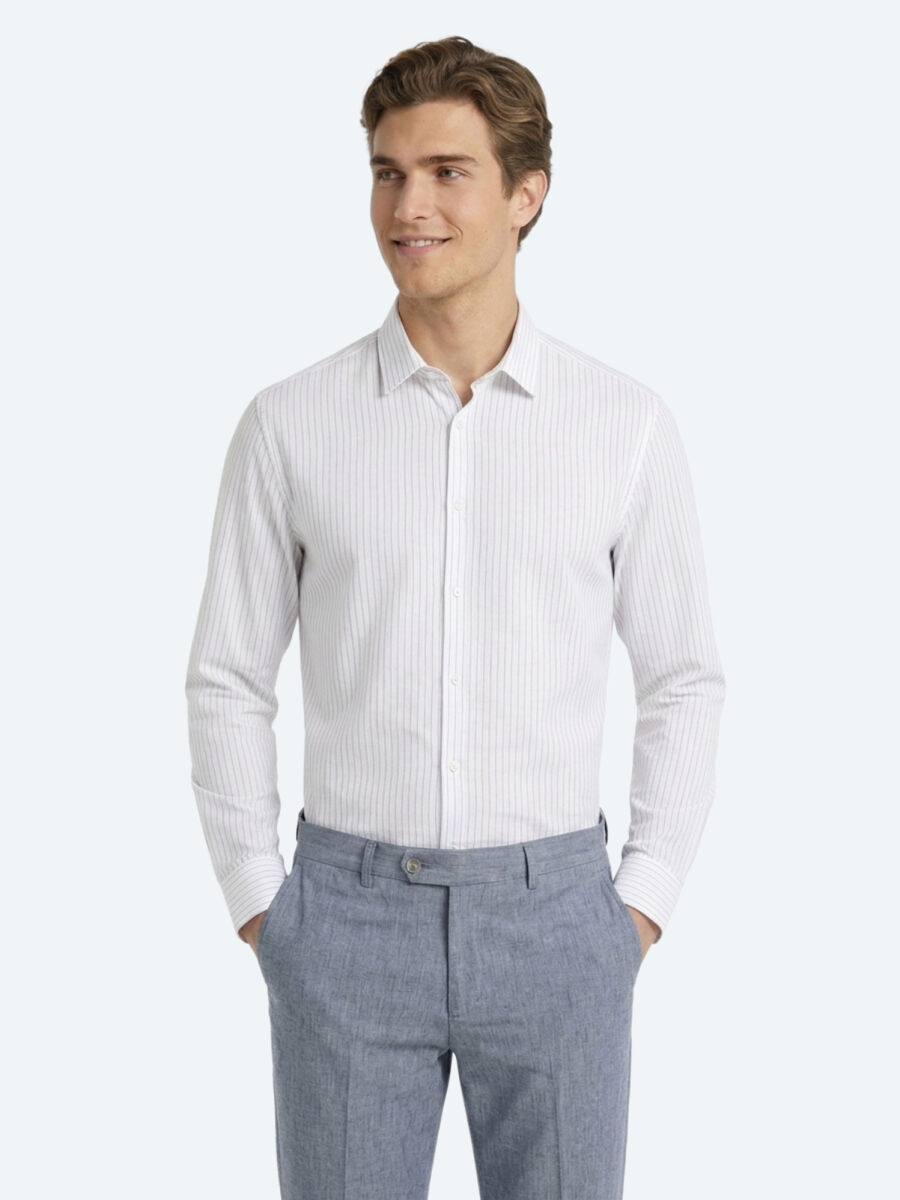 Mor Çizgili Regular Fit Uzun Dokuma Casual Pamuk Karışımlı Gömlek - 4