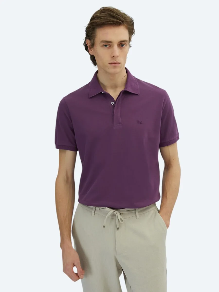 Mor Düz Polo Yaka %100 Pamuk T-Shirt - 1