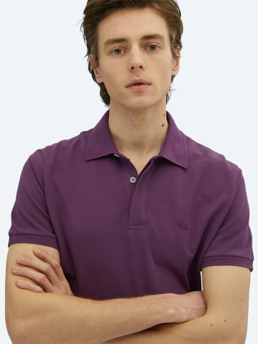 Mor Düz Polo Yaka %100 Pamuk T-Shirt - 3