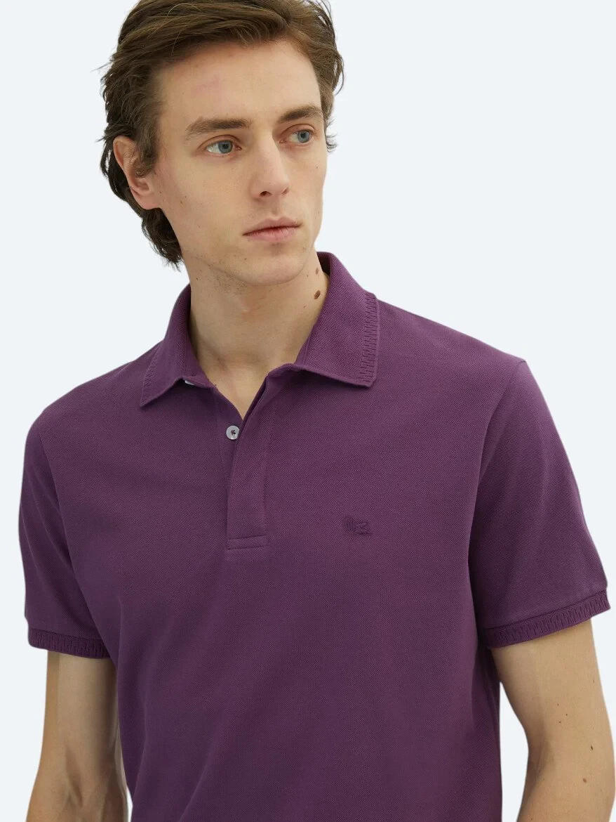 Mor Düz Polo Yaka %100 Pamuk T-Shirt 