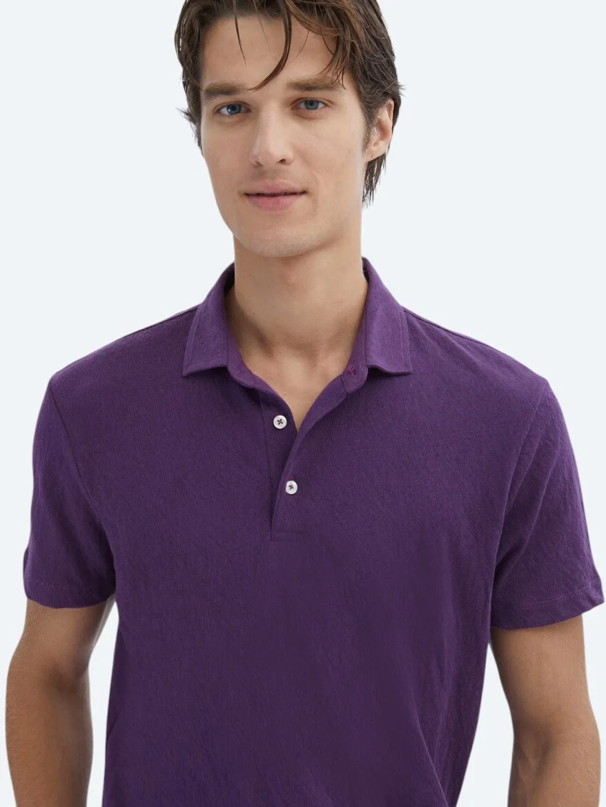 Mor Düz Polo Yaka Pamuk Karışımlı T-Shirt 