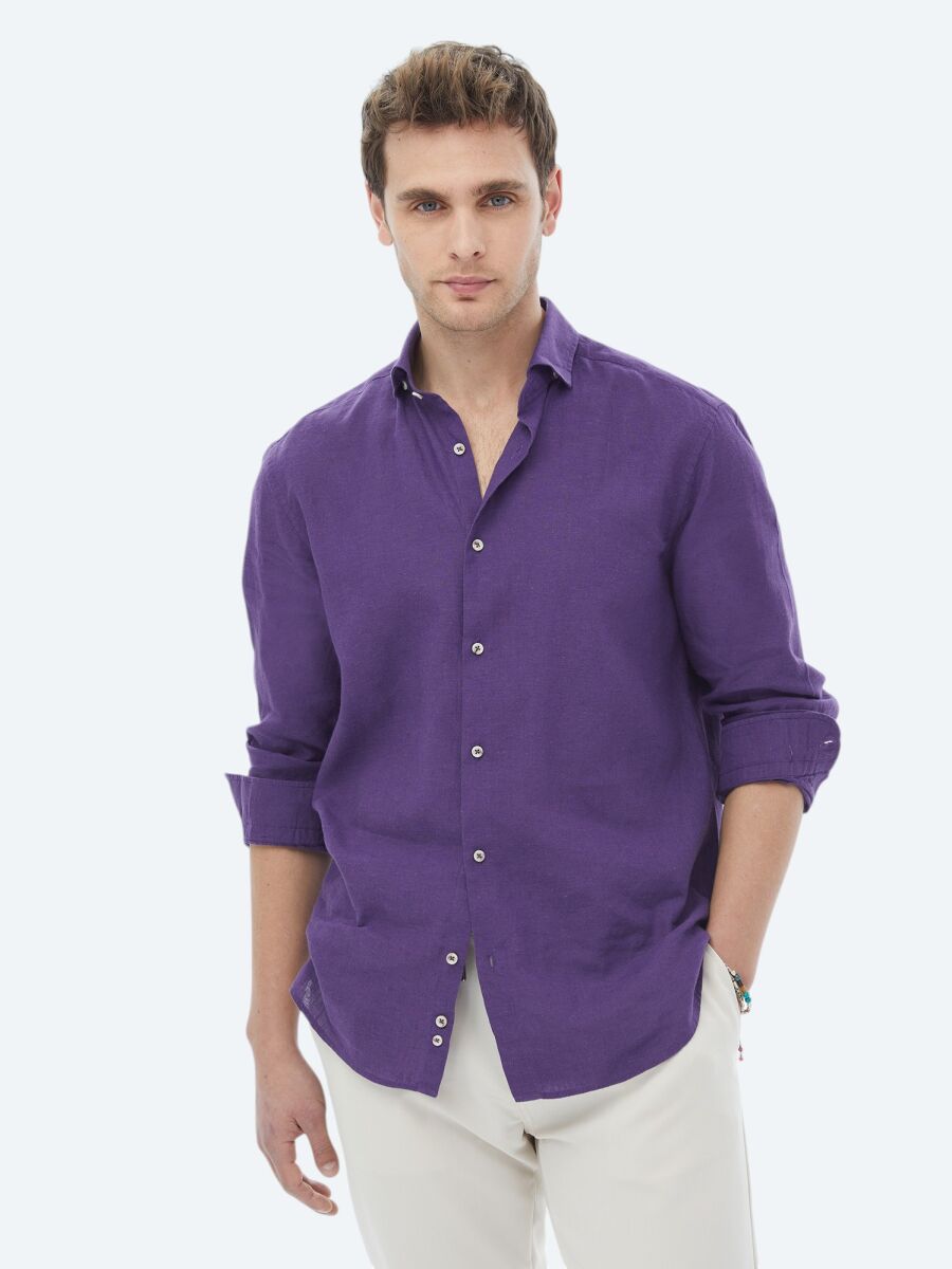 Mor Düz Regular Fit Dokuma Casual Pamuk Karışımlı Gömlek - 2