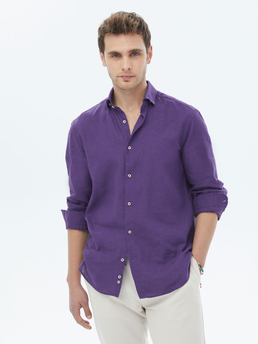 Mor Düz Regular Fit Uzun Dokuma Casual Pamuk Karışımlı Gömlek - 2