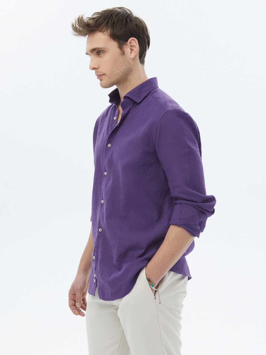 Mor Düz Regular Fit Uzun Dokuma Casual Pamuk Karışımlı Gömlek - 3