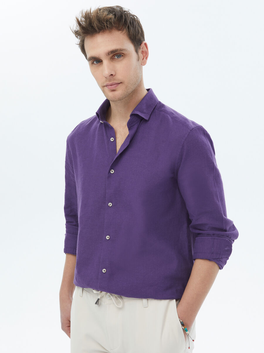 Mor Düz Regular Fit Uzun Dokuma Casual Pamuk Karışımlı Gömlek - 6