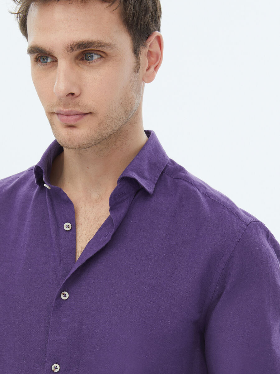 Mor Düz Regular Fit Uzun Dokuma Casual Pamuk Karışımlı Gömlek - 8