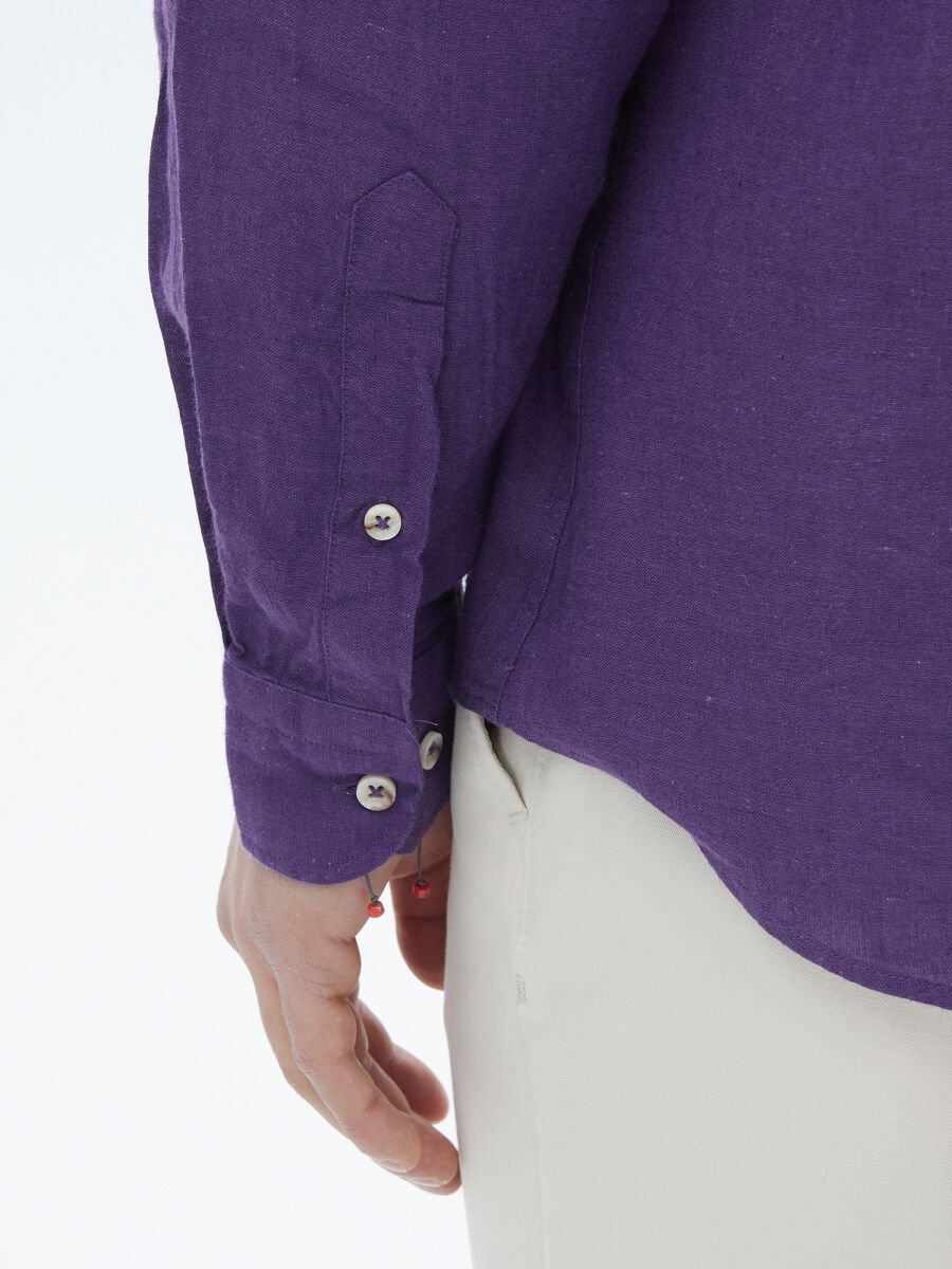 Mor Düz Regular Fit Uzun Dokuma Casual Pamuk Karışımlı Gömlek - 10