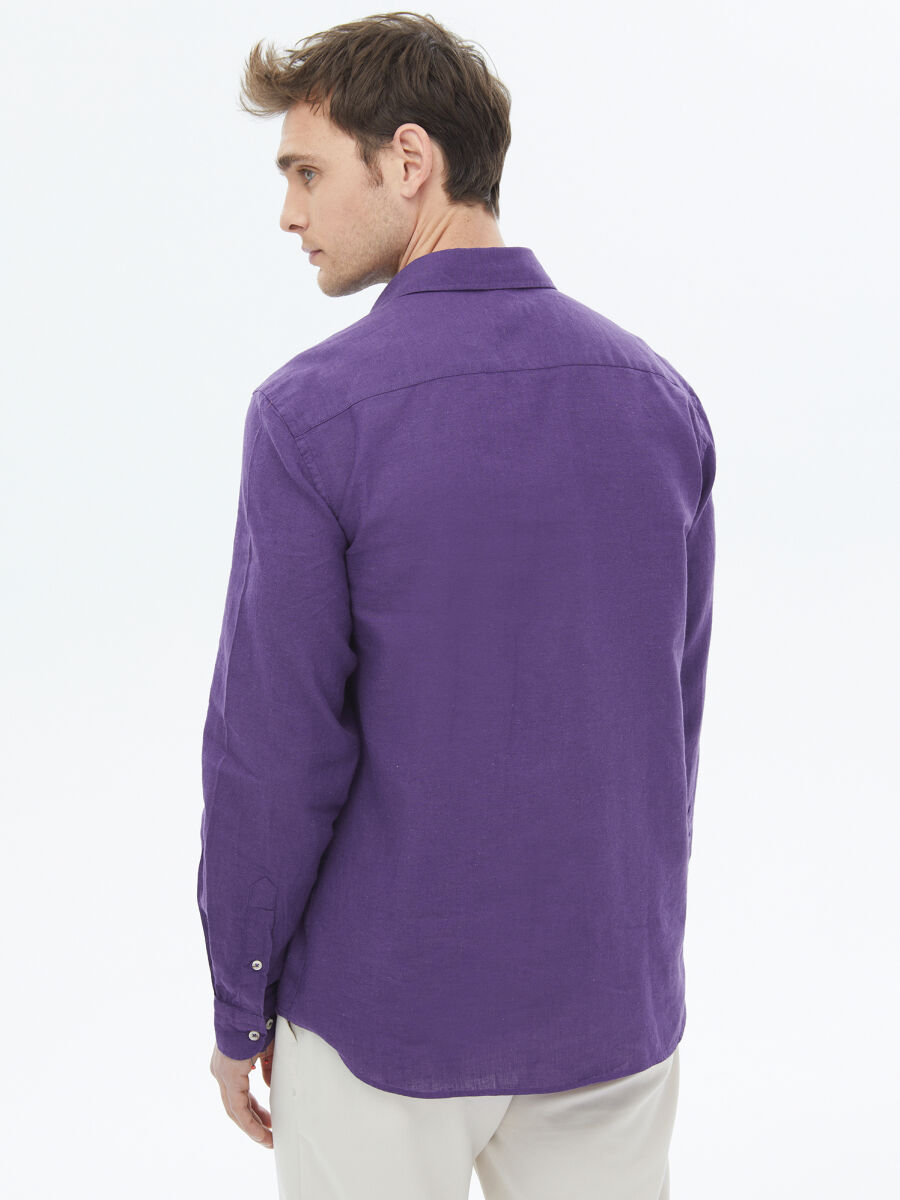 Mor Düz Regular Fit Uzun Dokuma Casual Pamuk Karışımlı Gömlek - 12